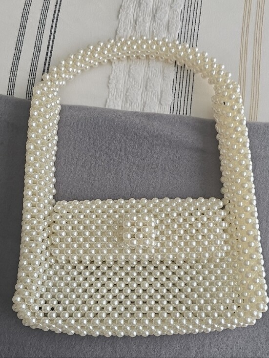 Handbags - Pearl-Embellished Cream Clutch with Top Handle
